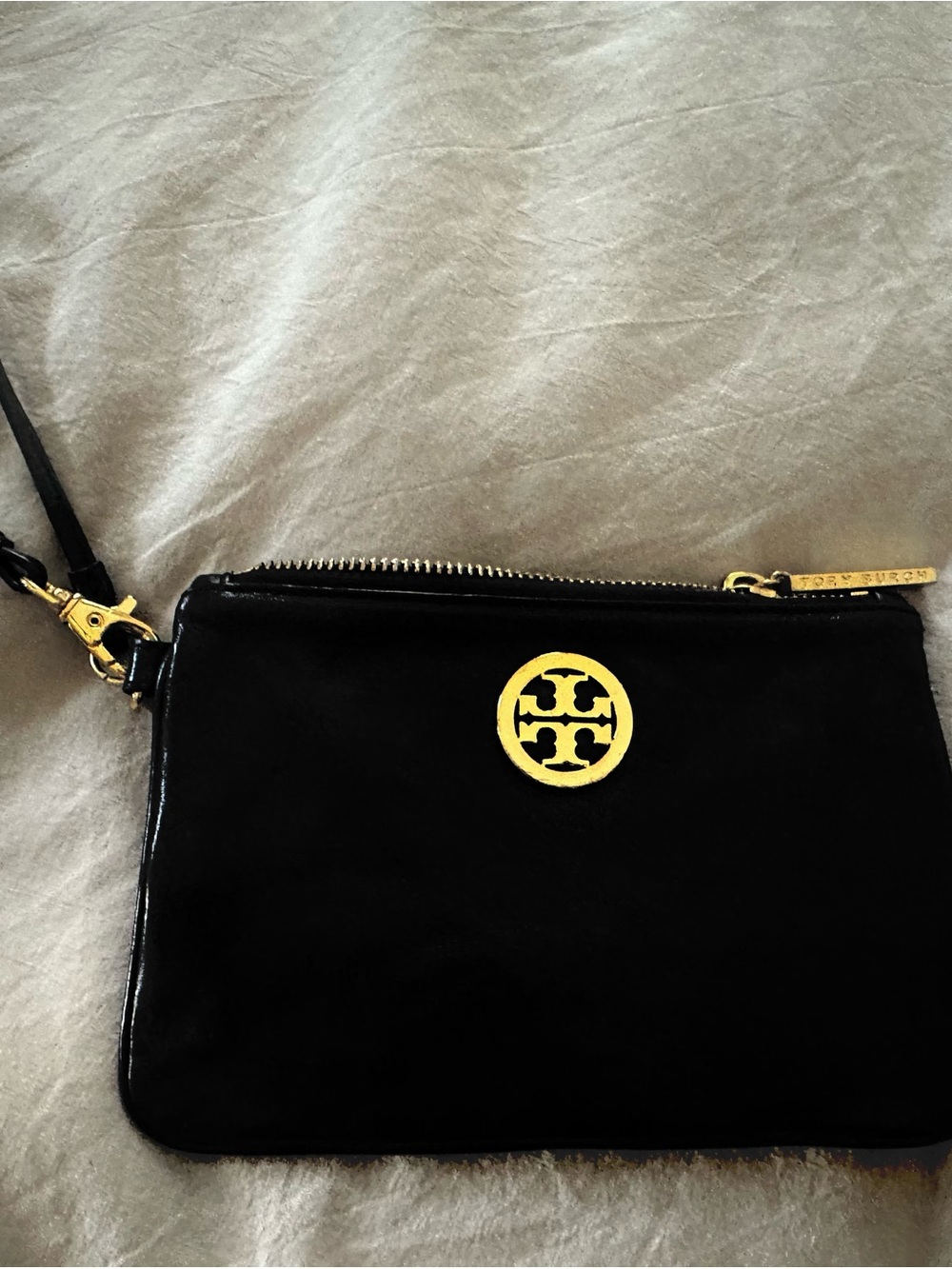 Tory Burch Black Leather Wristlet with Gold Logo